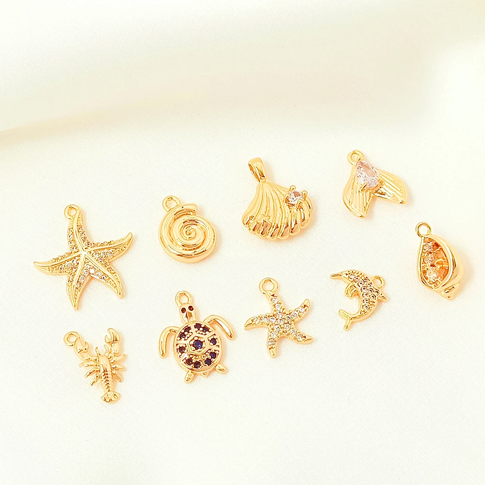 Brass Plated with 14K Gold Zircon Inlay Ocean Series Pendant DIY Jewelry Making Necklace, Bracelet, Clothing Accessories