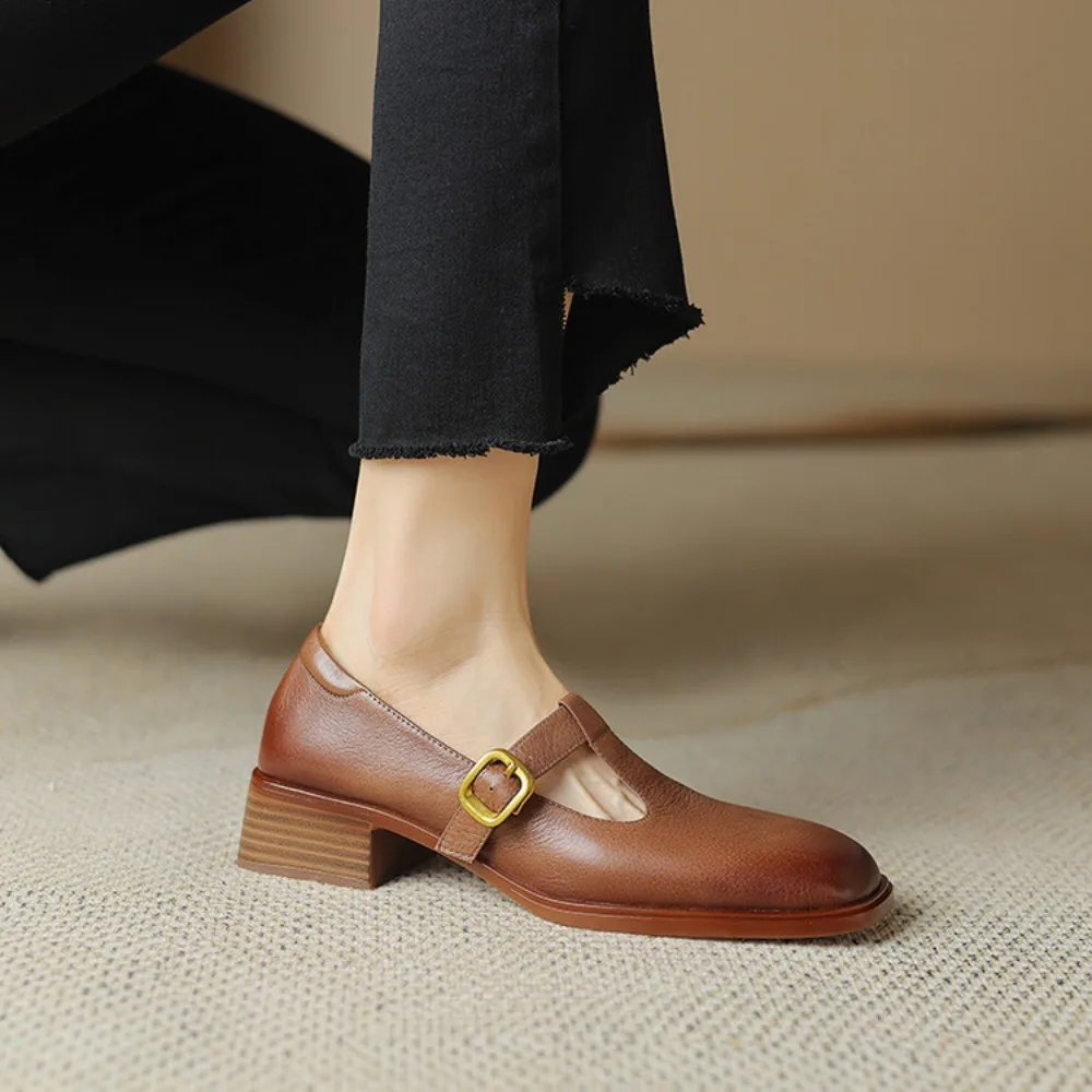 2024 New Genuine Leather Brown Shoes Vintage Low Heel Mary Jane Shoes Women Square Toe Chunky Heels Pumps Mujer Big Size 34-41