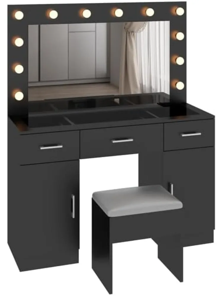 

Туалетный столик с 12 лампами, туалетный столик с розеткой, туалетный столик для макияжа с 3 ящиками и 2 шкафами, большое зеркало, Dr