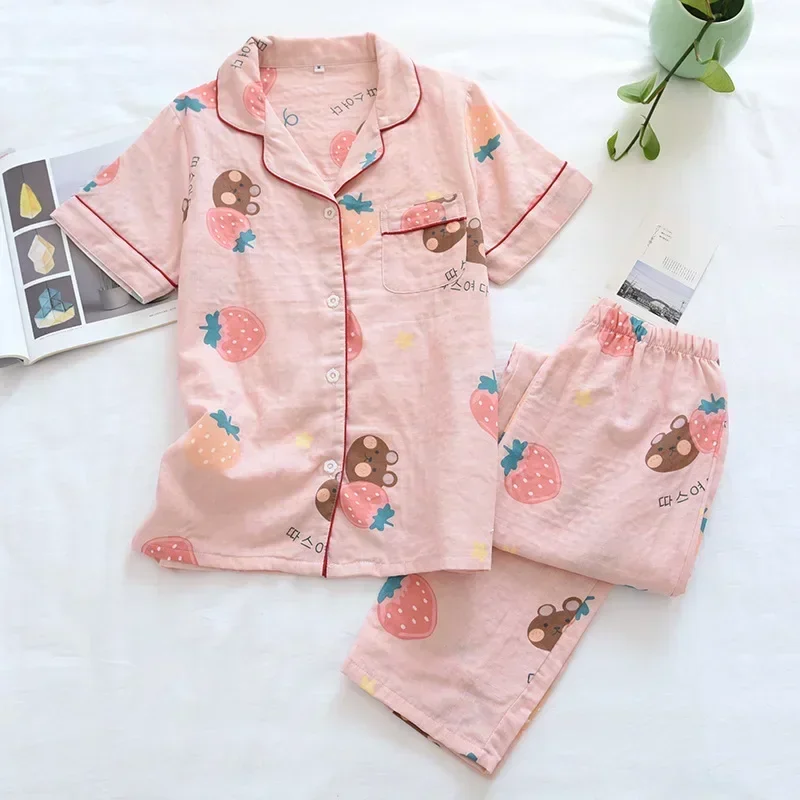 2024 new spring and summer pajamas two-piece 100% cotton gauze women\'s short-sleeved trousers home service suit cute and thin