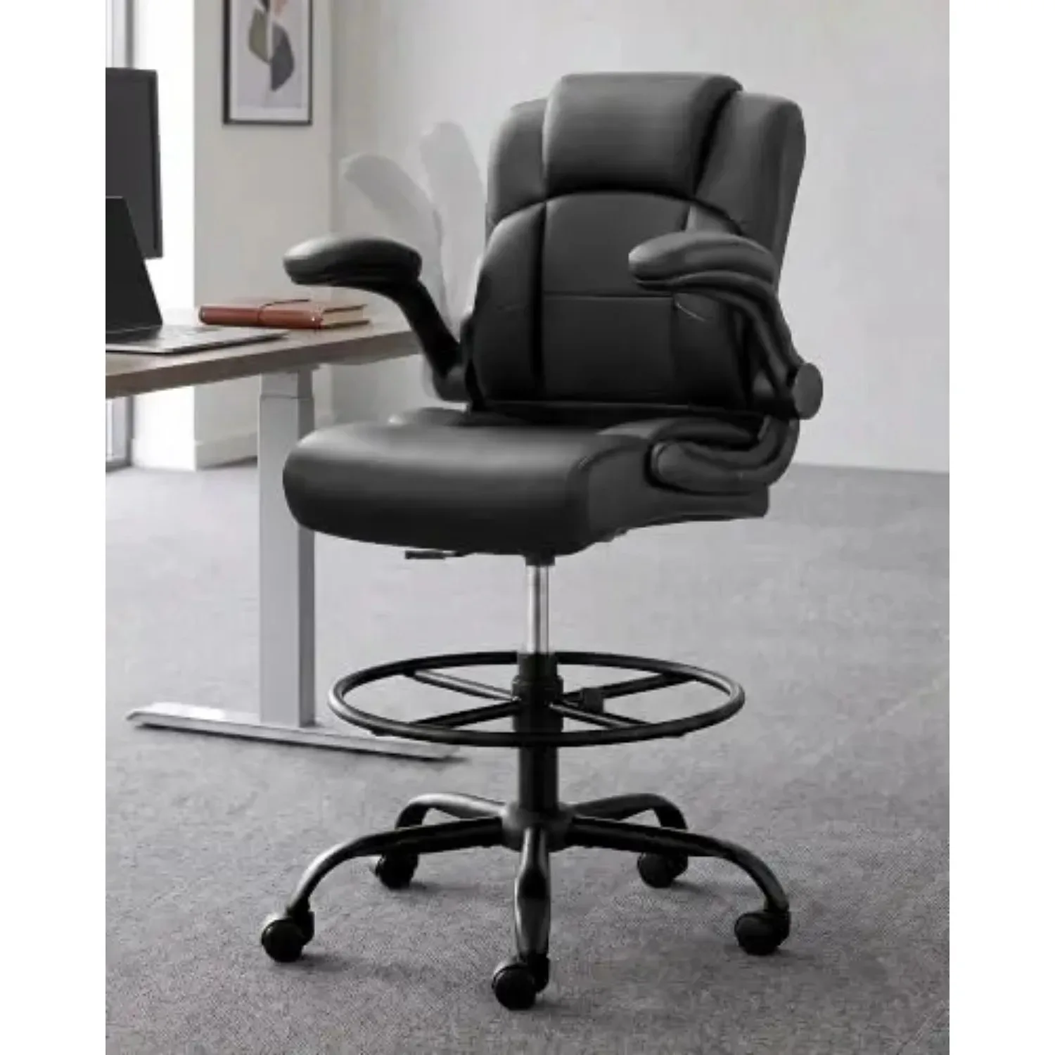 Drafting Chair with Flip-Up Arms, Tall Office Chair for Standing Desk | 500 Lbs, Ergonomic Leather High Desk Chair for