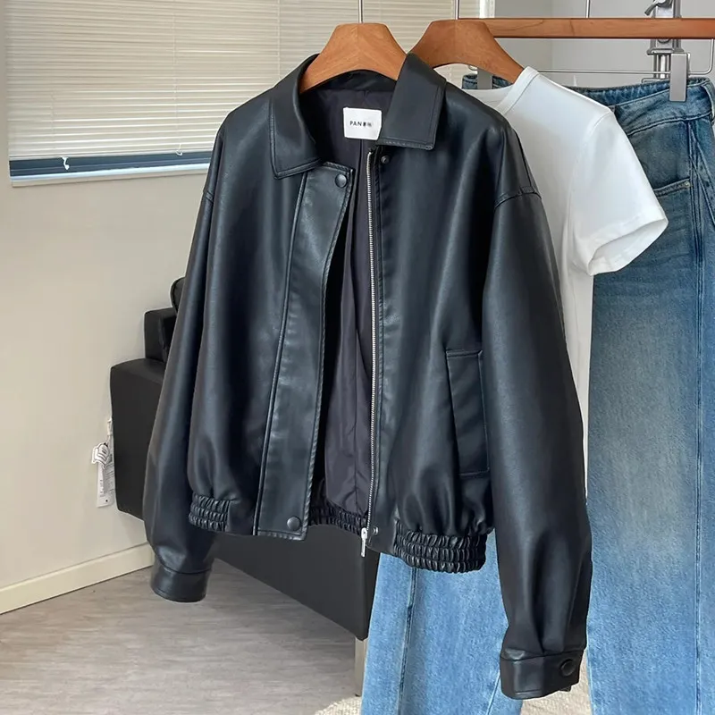 Short Black Leather Jacket Women's Trendy Cool Style Retro Top Quality PU Leather Spring Autumn New Arrival Fashionable