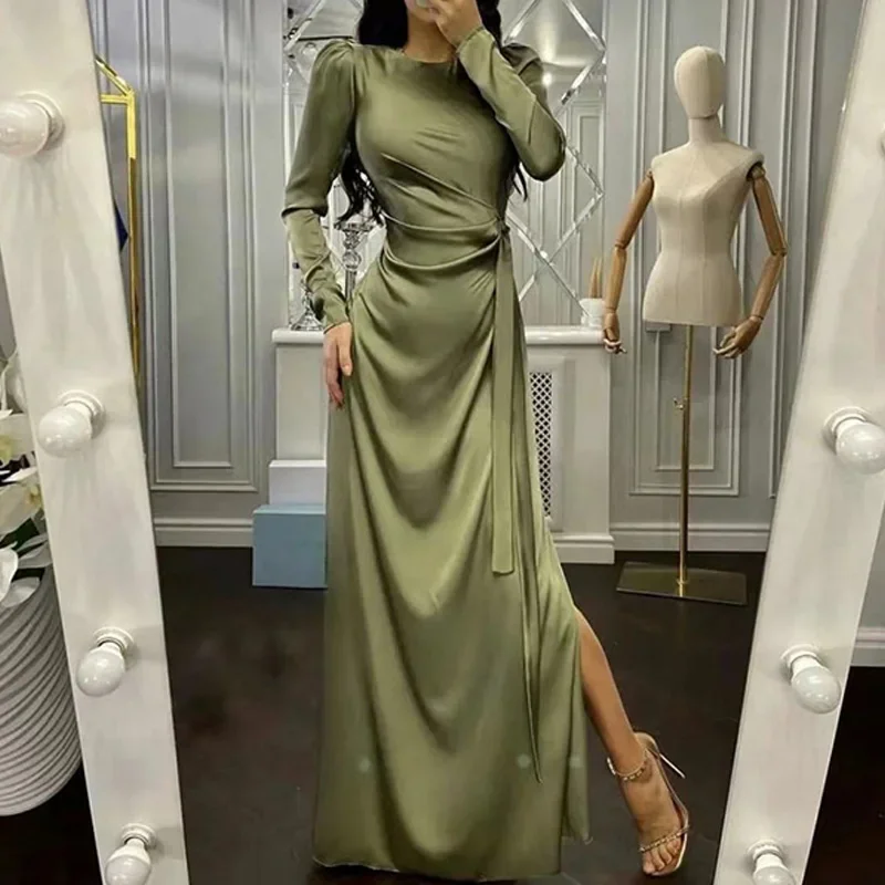 Women Sexy High Slit Satin Party Dress Office Fashion Lace-Up Boadycon Long Dresses Elegant O Neck Long Sleeve Solid Maxi Dress