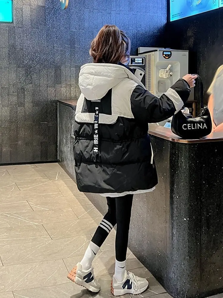 Black Medium long Parker Cotton Jacket Women's Winter 2026 New Korean version Loose Down cotton Splicing Hooded Coat Warm Top