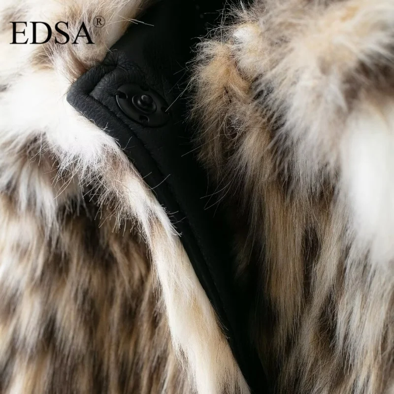 EDSA Women Leopard Faux Fur Jacket Female Winter Long Sleeves Front Pockets Artificial Fur Effect Long Sleeve Coat Outerweaar