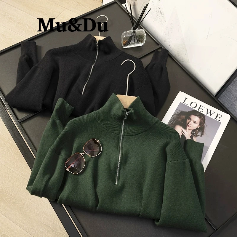 Autumn Winter Women's Clothing Wool Blended Sweaters Turtleneck With Zip Top Loose Casual Thick Pullovers Oversize