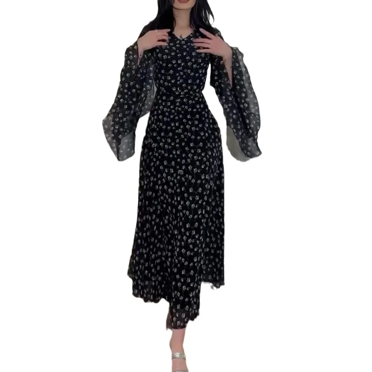 Muslim Women Irregular Chiffon Polka Dot Lotus Leaf Sleeves Dress Gown Boho Elegant Party Dress Robe Abaya