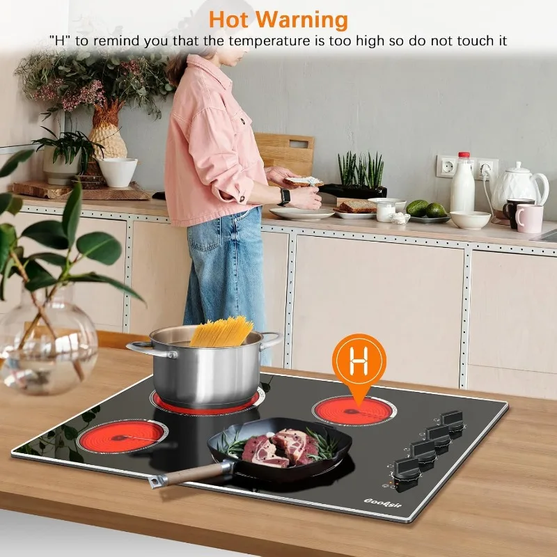 Electric Cooktop 30 Inch, 7400W Built-in Electric Stove Top 4 Burner, 220-240V Ceramic Hob with Glass Protection Metal Frame