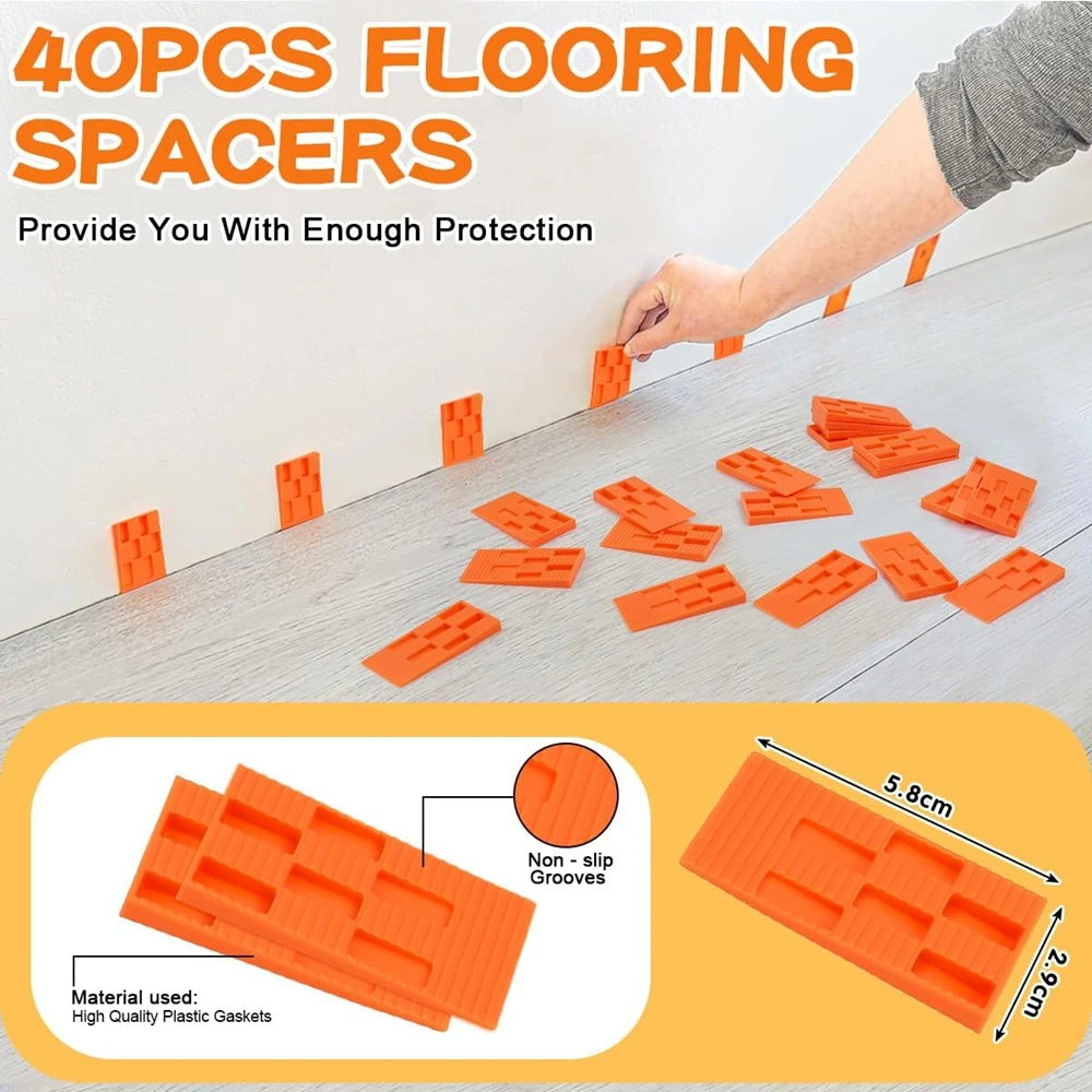 Afbeelding 7: Installatiekit voor laminaatvloeren met dubbelkopige hamer Multifunctionele trekstang Klopblok 40 stuks afstandhouders voor montage van vinylhouten vloeren