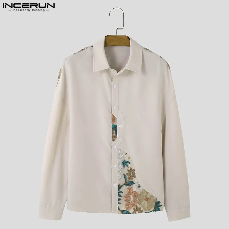 INCERUN Tops 2024 Korean Style Fashion Men Irregular Patchwork Lace Jacquard Shirts Casual Male Long Sleeved Lapel Blouse S-5XL