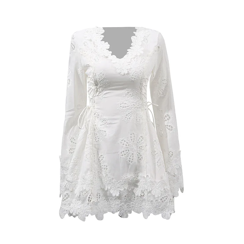 

New Hollow Embroidery Women Dress Fashion Long Sleeve White Casual Dresses