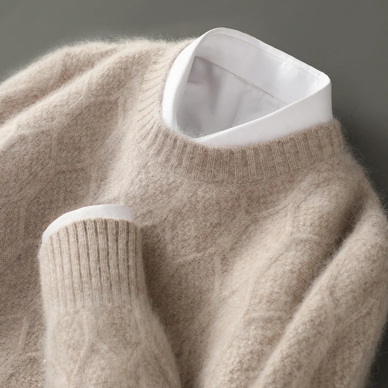 Fall/Winter New Round Neck 100% Mink Cashmere Sweater Men's Twisted Flowers With Loose Knit Bottoming Shirt