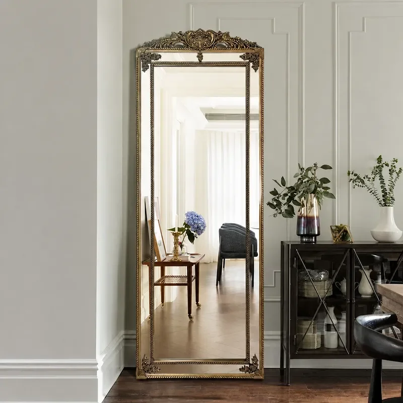 Full Length Floor Mirror with Retro Carved Frame for Home Cloakroom Fitting Room Wall Mounted or Standing Dressing Mirror