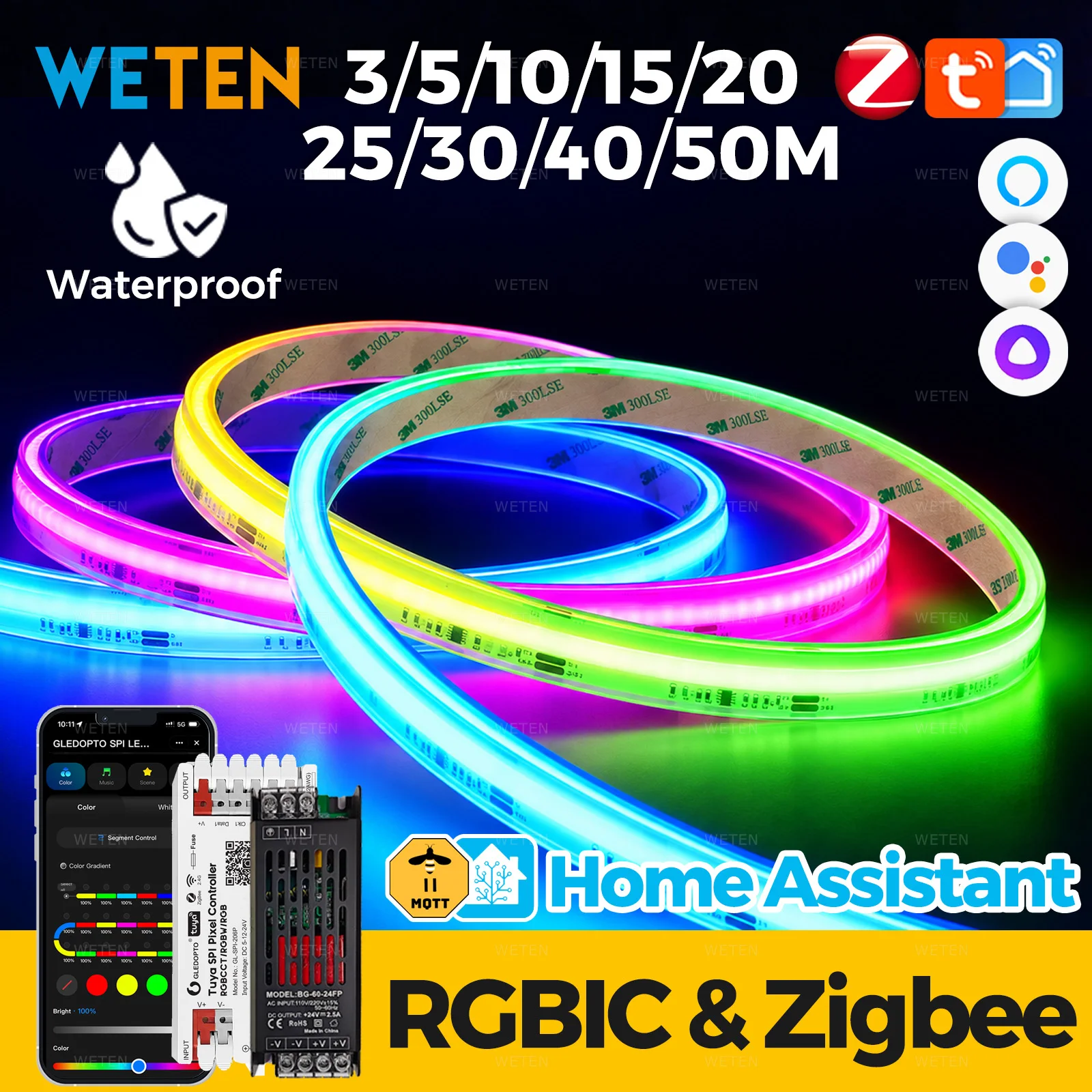 Waterproof Outdoor Tuya Zigbee RGBIC COB LED Strip Light Tape Addressable RGB Music Sync APP Alexa Google Home Voice Control 24V