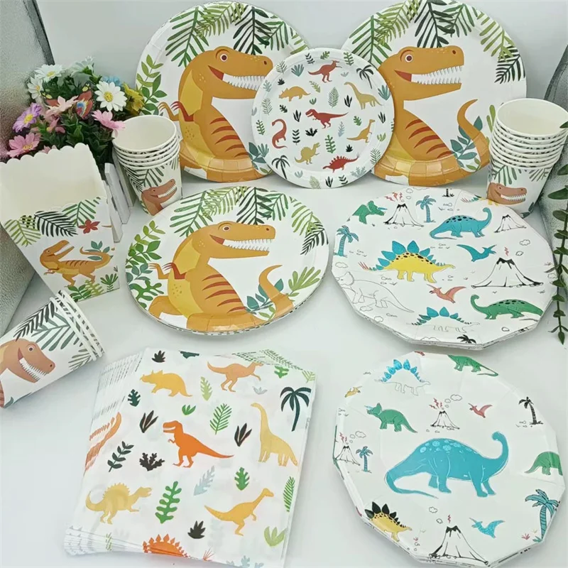 

Cartoon Dinosaur Disposable Paper Plate Cup Happy Birthday Party for Children Baby Shower Dinosaur Theme Party Decor Supplies