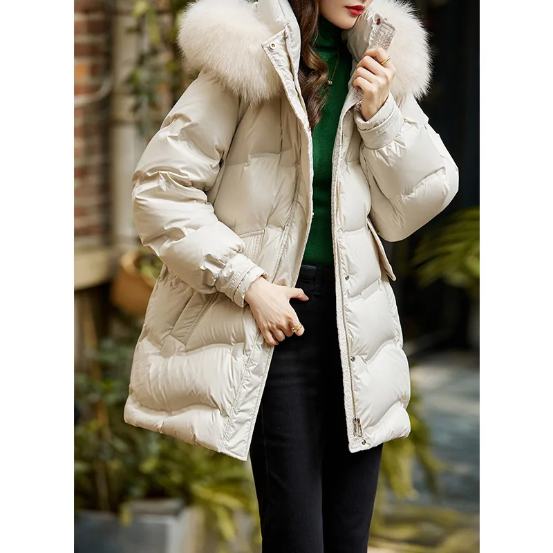 Vimly Long Puffer Down Jacket for Women Warm Winter Coat 2023 Korean Fashion Thickened Hooded Luxury Fur Collar Loose Outwear