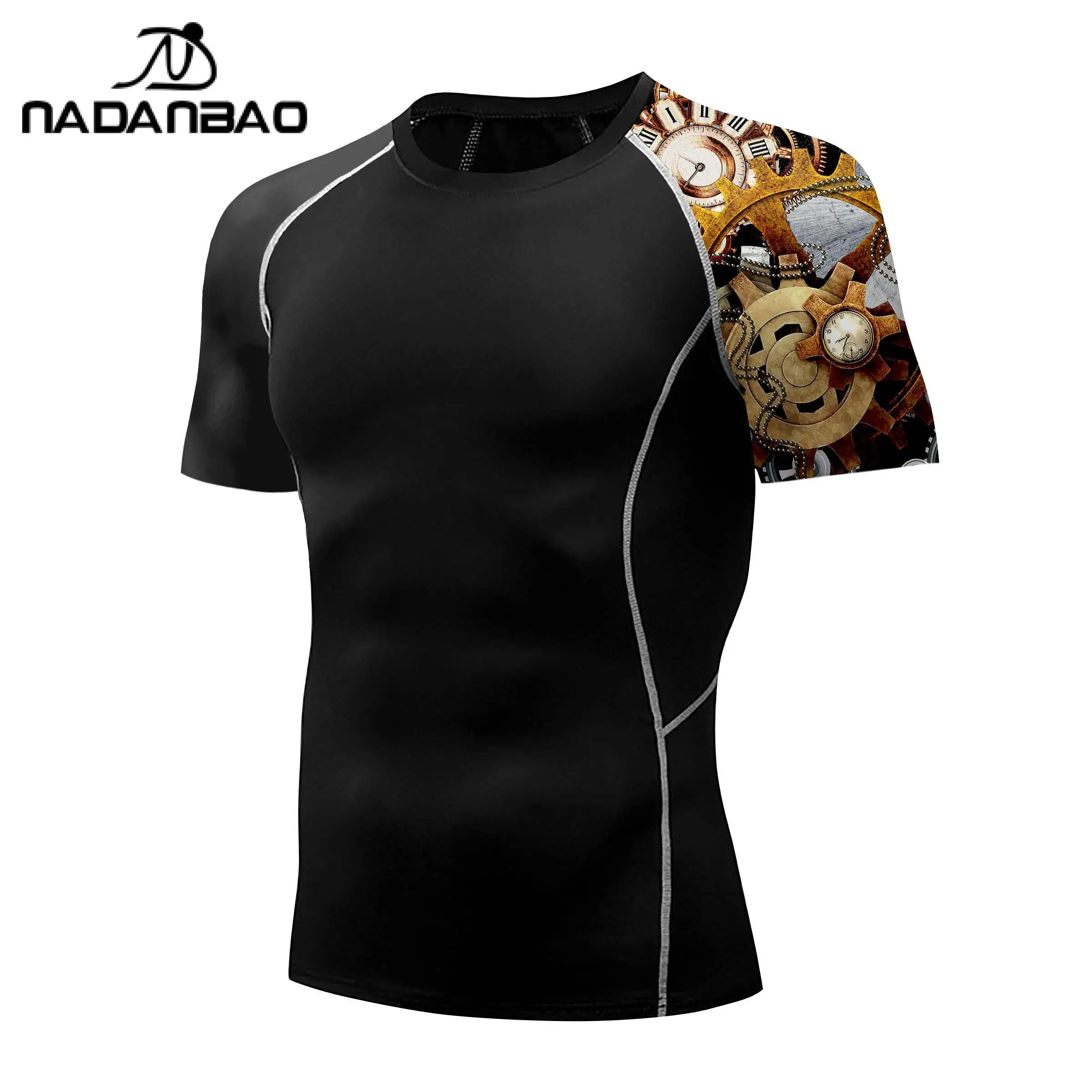 Nadanbao Men Short Sleeve Fitness Surfing Wetsuit Gym Slim Swimsuits Beach Swimwear Black Fashion Style Surfing Beachwear Top