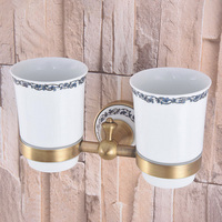 Bathroom Accessory Antique Brass Wall Mounted Dual Cup Holder Toothbrush Holder W/ Two Ceramic Cups Nba782