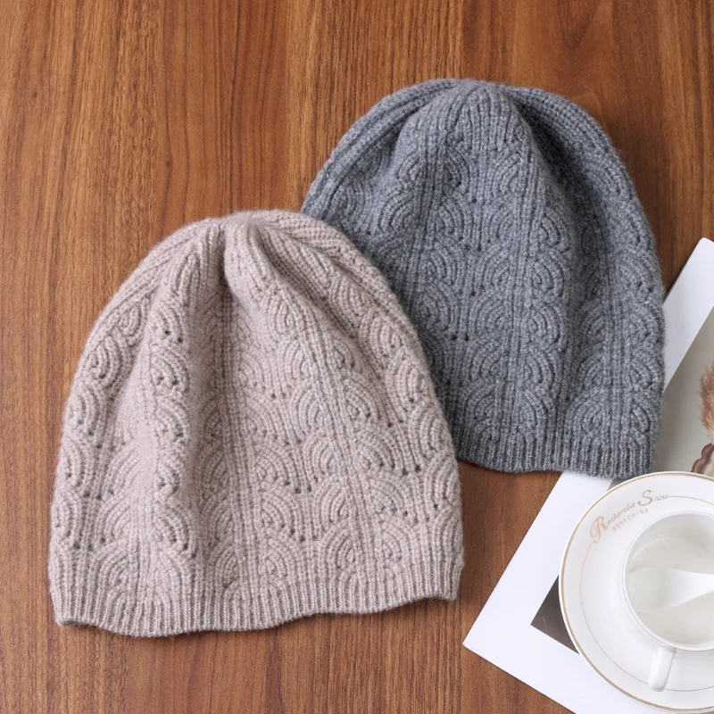 100% Wool Men'S And Women'S Hollowed-Out Woolen Knitted Hats, Winter Warm Fan Shap Strip Headscarves And Ear-Protecting Hats