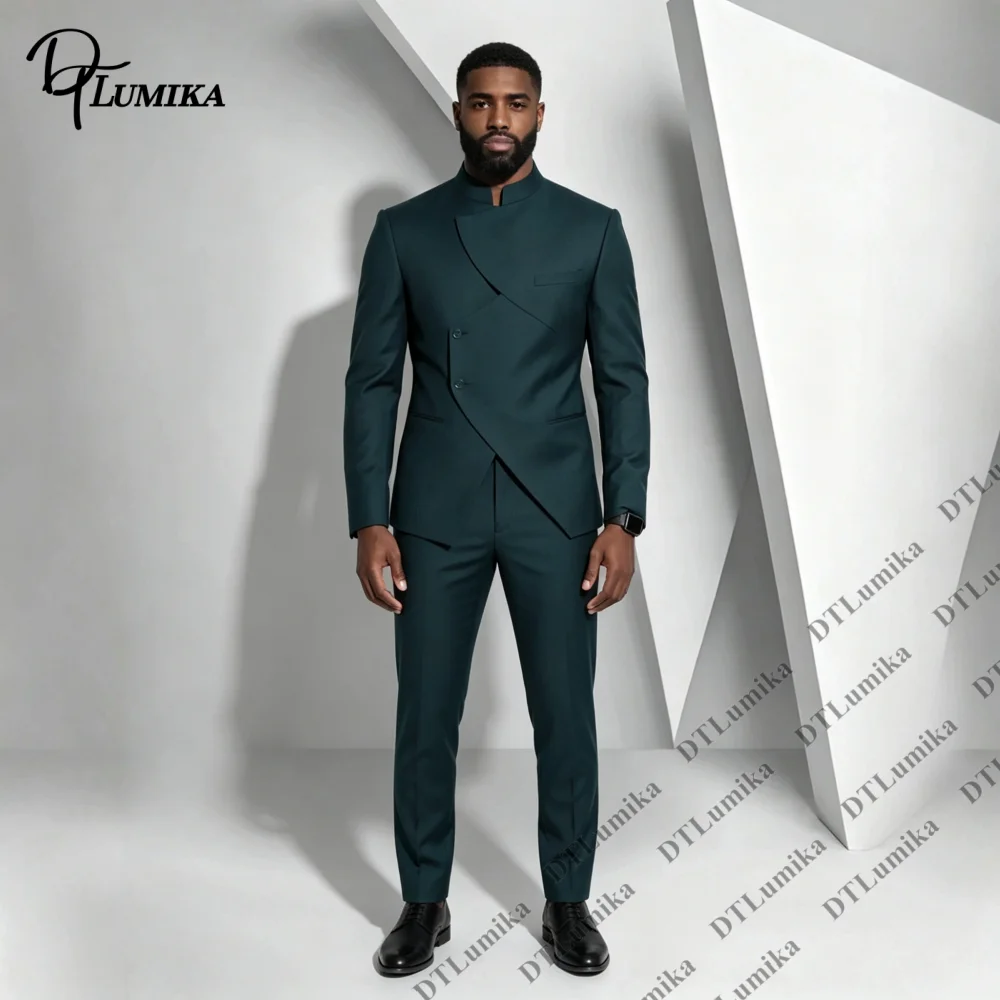 Mandarin Collar Asymmetric Men Suit 2‑Piece Jacket Pants Contemporary Fusion Formal Wear Stage Hosting Cultural Banquet Tuxedo
