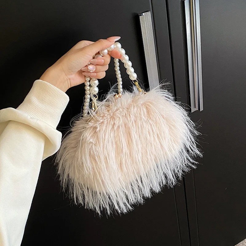 Small Soft Plush Beaded Shoulder Side Bag for Women 2023 Winter Fashion Trend Design Handbags Clutch Bags