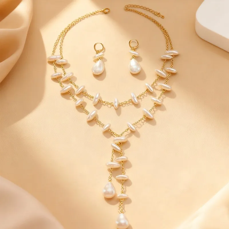 Fashionable Irregular-Shaped Faux Pearl Y-Shaped Tassel Double-Layered Necklace with Faux Pearl Splicing Ear Clips for an Elegant and Graceful Look