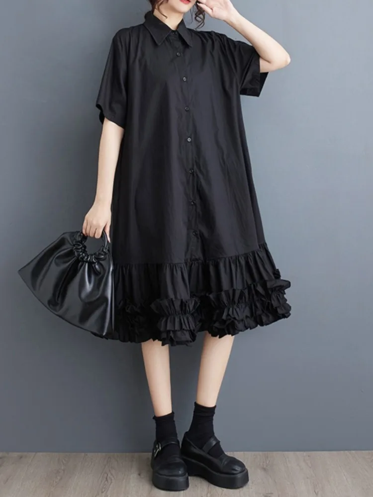 #3888 Summer Black Spliced Ruffles Shirt Dress Women Turn-down Collar A-line Vintage A-line Irregular Midi Dress Short Sleeve 