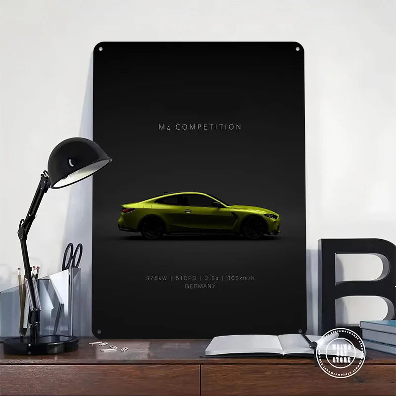 Specs Sports Car M4 G82 2021 Yellow Metal Poster Customized Wall Art Retro Vintage Tinplate Signs for Man Cave Desk Decor Room
