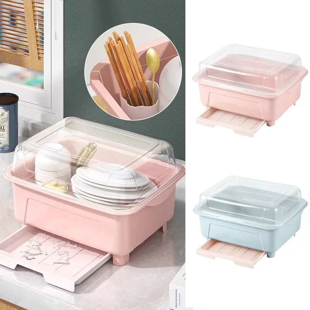 Portable Plastic Dish Drying Rack Dustproof with Lid Utensils Drainer Box Large Capacity Tableware Storage Box Kitchen Supplies