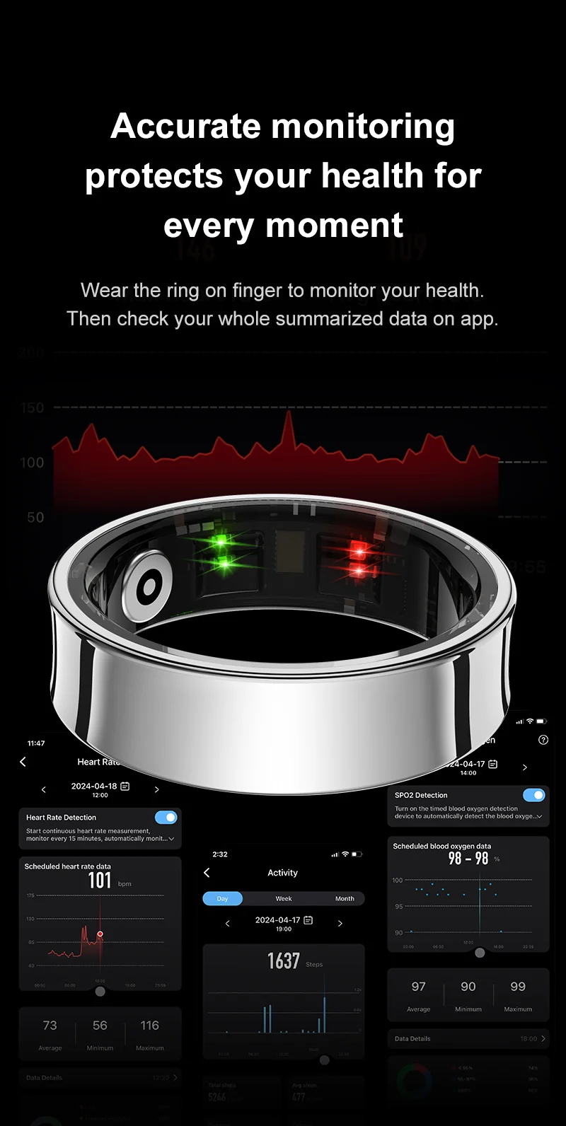 R09 Smart Ring Männer Frauen mit Lade Fall Herzfrequenz Blut Sauerstoff 5ATM Wasserdicht SmartRing Für Xiaomi Samsung Android IOS – Detail 5