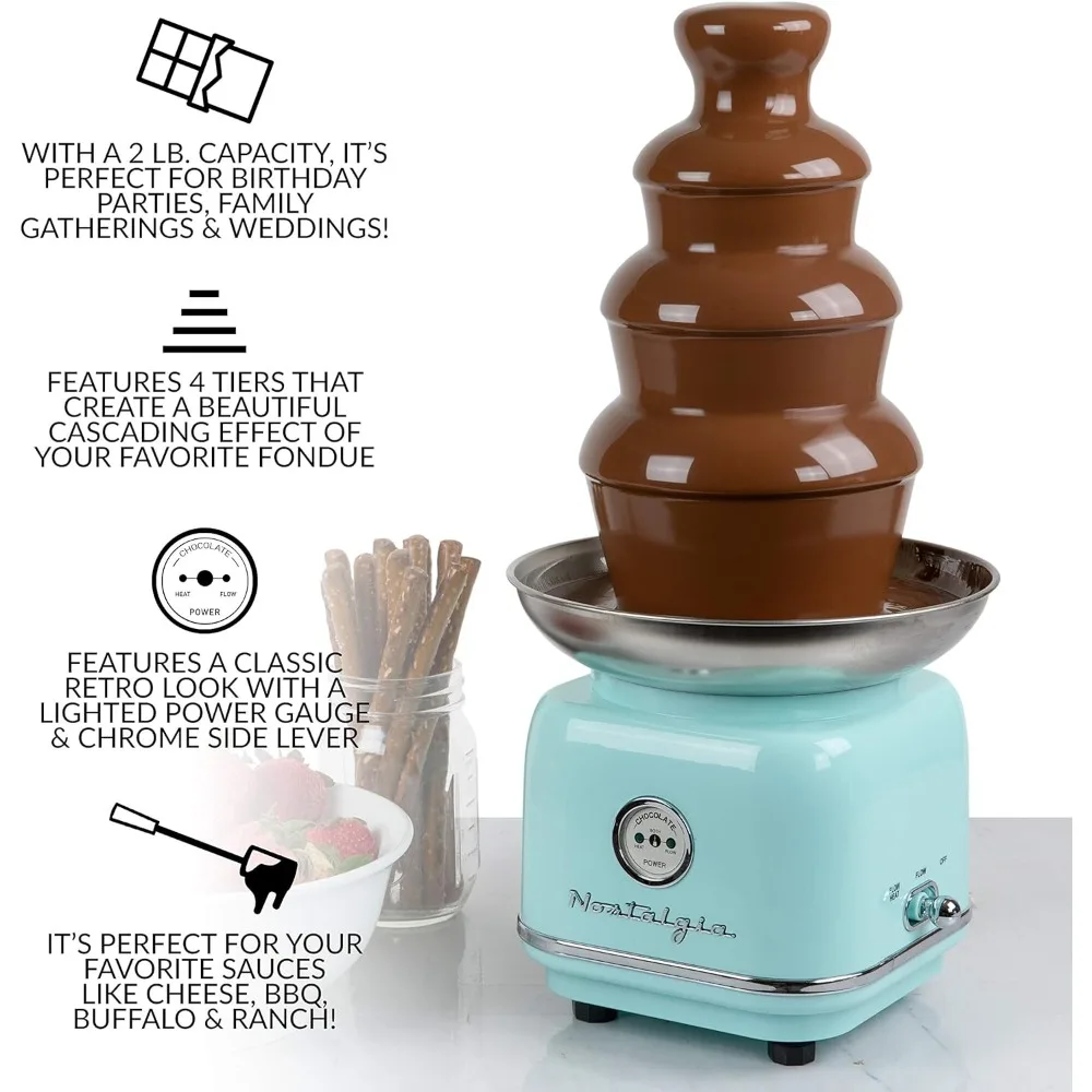 4 Tier Electric Chocolate Fondue Fountain Machine for Parties, Melts Cheese, Queso, Candy, and Liqueur, 32-Ounce - Aqua