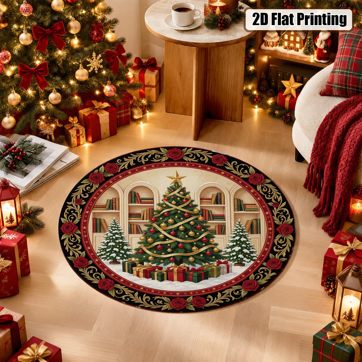 Circular Christmas Tree Rose Bookshelf Scene Decorative Velvet Mat Machine Washable Suitable For Living Room Entryway Dining Room Holiday Areas Halloween Thanksgiving Black Friday Christmas New Year