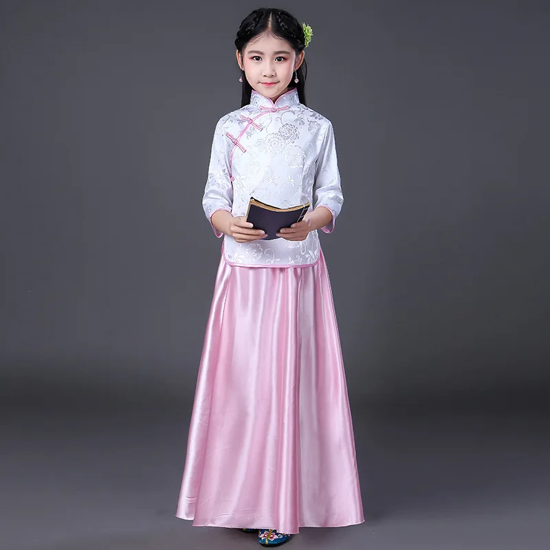 

Mandarin Collar Hanfu Set Tang Clothes Girl Kid Cheongsam Cosplay Outfit Top&Skirt Choir Costume Vintage Chinese Style Qipao