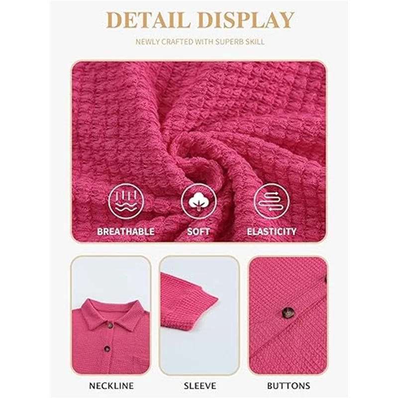 

NEW-Women Waffle Knit Tops Henley Shirts Long Sleeve V Neck Solid Color Casual Tunic