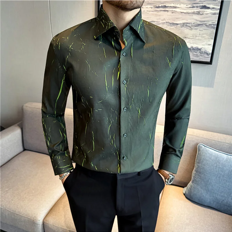 

Плиссированная тканевая рубашка с цветочным принтом, мужская облегающая рубашка с длинными рукавами, повседневная рубашка высокого качества для деловых вечеринок, мужская одежда