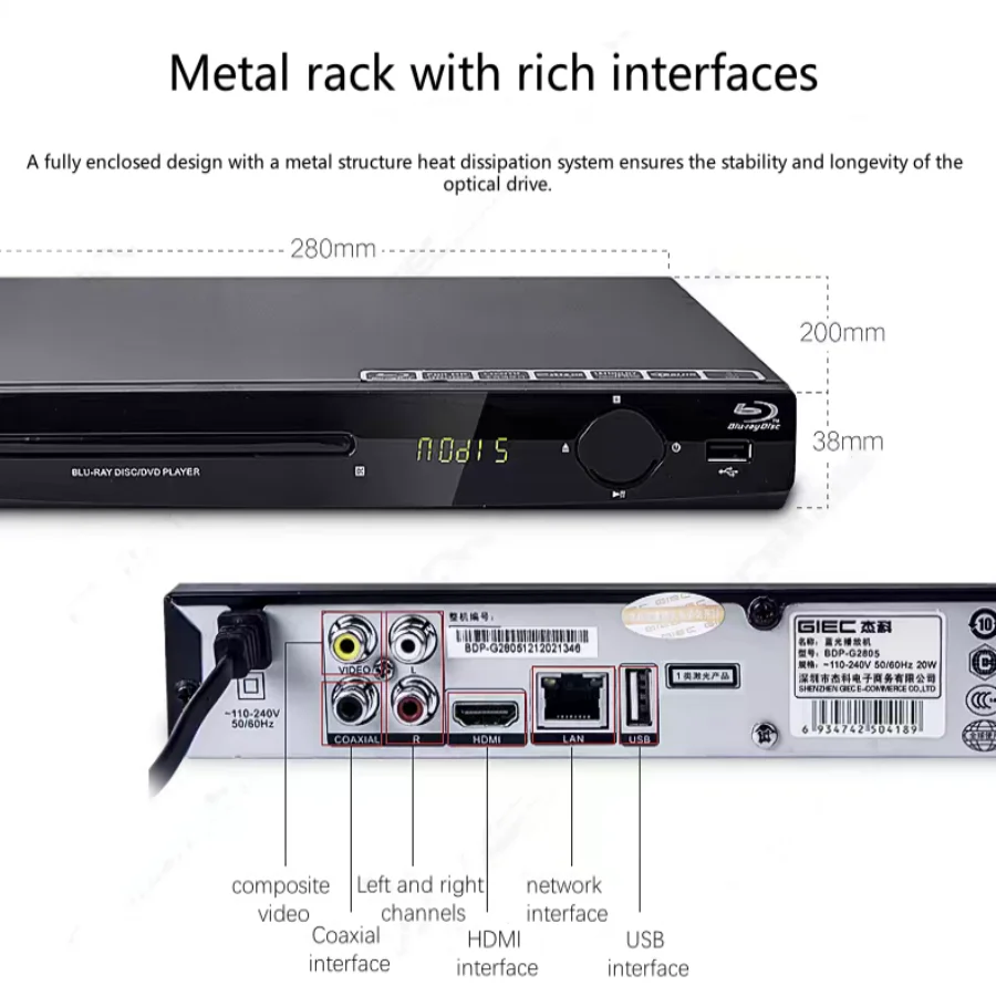 

2026 hot sale GIEC BDP-G2805 Blu-ray Player 1080P HD DVD Player cd Player Portable Multimedia Digital DVD TV Support CD SVCD VCD