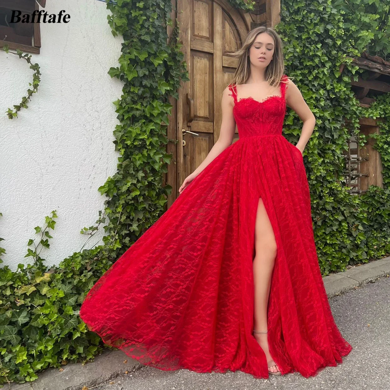 

Bafftafe Custom Made Red Lace Women Prom Evening Dresses Straps High Slit Formal Party Gowns A Line Women Special Occasion Dress