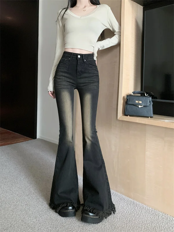 Women's Bootcut Flare Denin Jeans Tassel Raw Hem,Curvy Strtchy High Waisted Black Jean Bell Bottom,korean y2k clothing elegant