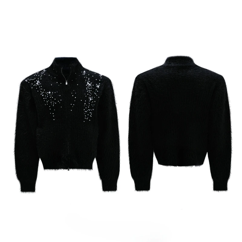 سترة صوفية رجالية شتوية جديدة أنيقة موديل 2025 ذات ياقة عالية ومزينة باللؤلؤ سترة أنيقة سميكة بلون سادة وأكمام طويلة تريكو #4