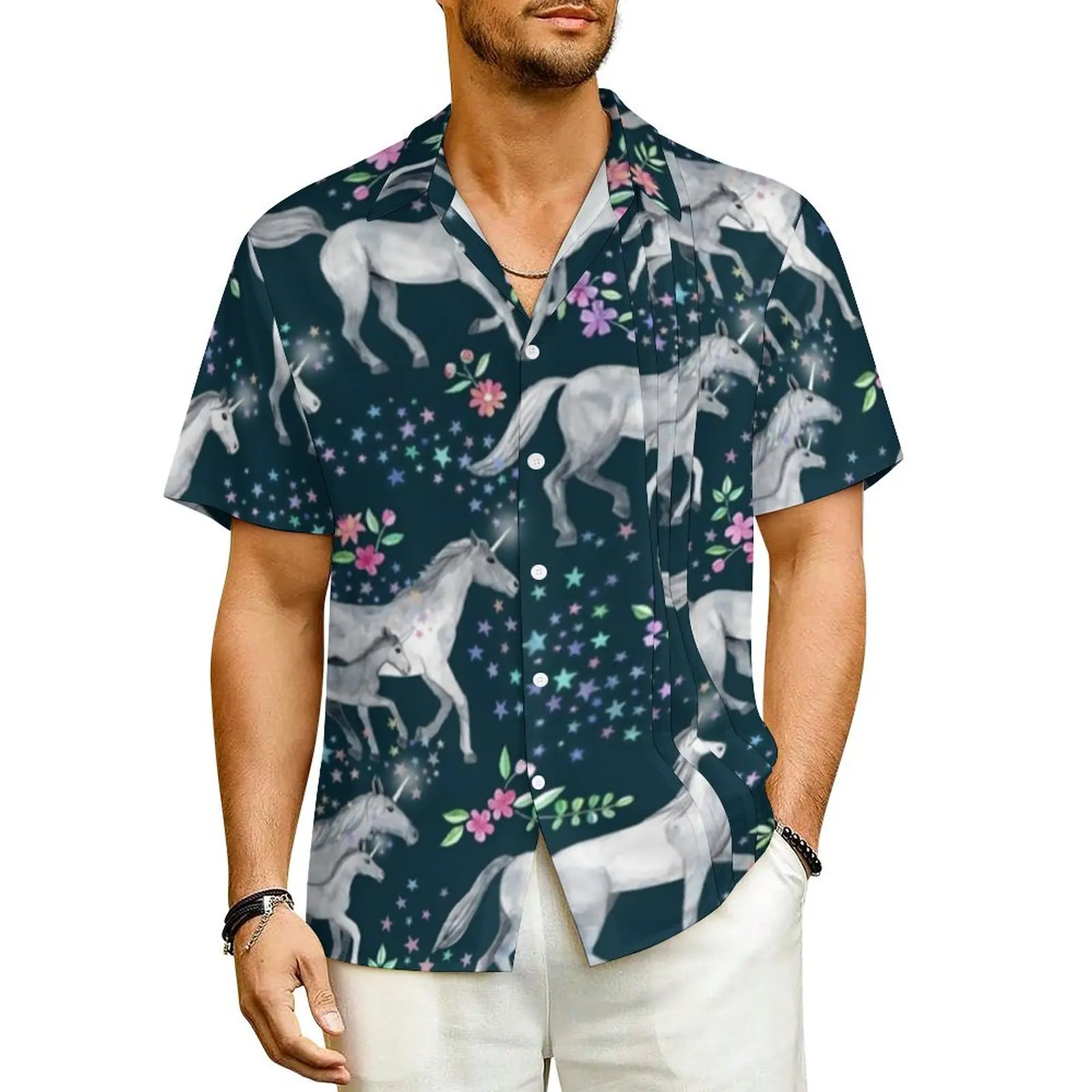 

Unicorn And Stars Vacation Shirt Men Floral Print Vintage Casual Shirts Hawaiian Short Sleeve Street Design Oversized Blouses