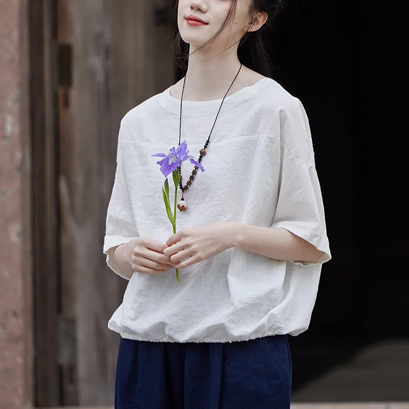 

25 Summer New Clothing Artistic Loose Thin Washed Round Neck Patchwork Short Sleeve Top Women's Cotton Linen T-Shirt
