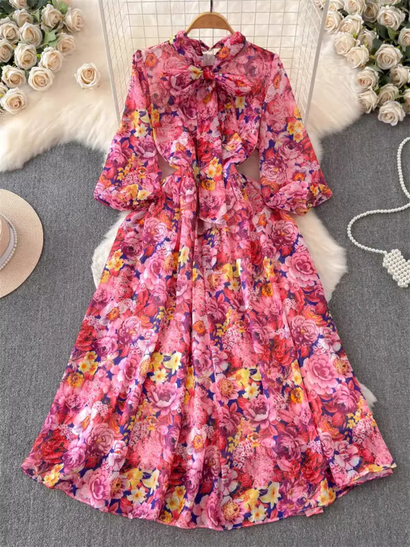 Printed Dress Women 2024 Spring Vintage Style 3/4 Sleeves Bow Tie Waist Slim A Line Large Hem Fashion Elegant Long Dress K1123