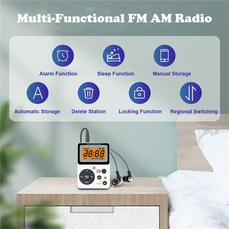 Mini FM AM Radio Portable Radio LCD Display Backlight 87-108MHZ Radio Receiver with Headset-EU Plug