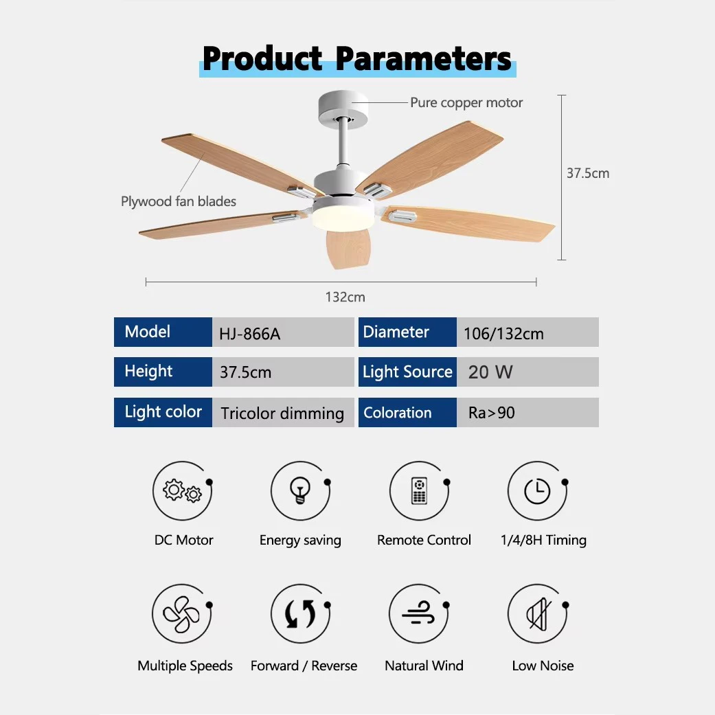 42/52inch 3/5 wood blade DC 35W pure cooper Motor ceiling fan wiht 20W LED Light and Remote Control Restaurant fan