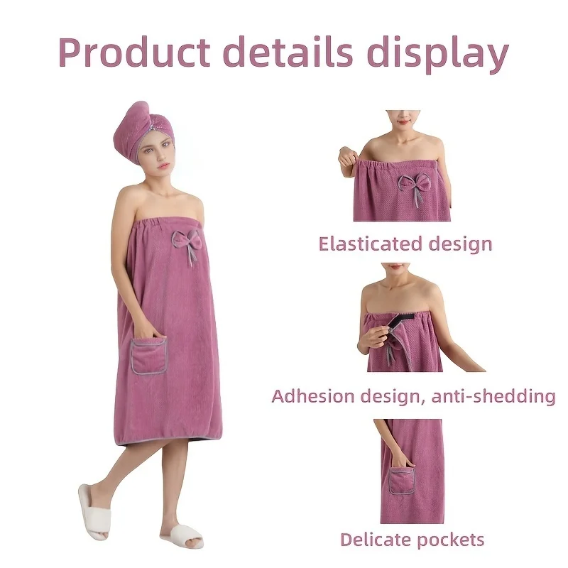 ชุดสุภาพสตรี 2 ชิ้น (หมวกอาบน้ําผ้าเช็ดตัว), ผ้าเช็ดตัวสวมใส่ได้พร้อมกระเป๋า, เสื้อคลุมอาบน้ําปรับได้นุ่มพิเศษ, ห้องน้ําชายหาด Sw