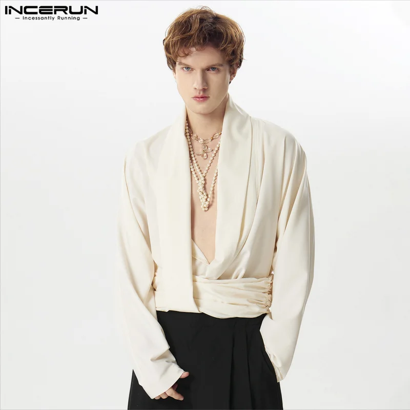 INCERUN 2024 Men's Irregular Shirt Solid Color Deep V Neck Long Sleeve Streetwear Casual Men Clothing Sexy Fashion Camisas S-5XL