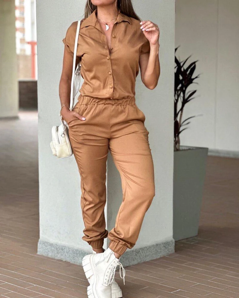 2025 Spring Short Sleeve Button Front Jumpsuit Casual Pocket Design Strechy Waist Romper