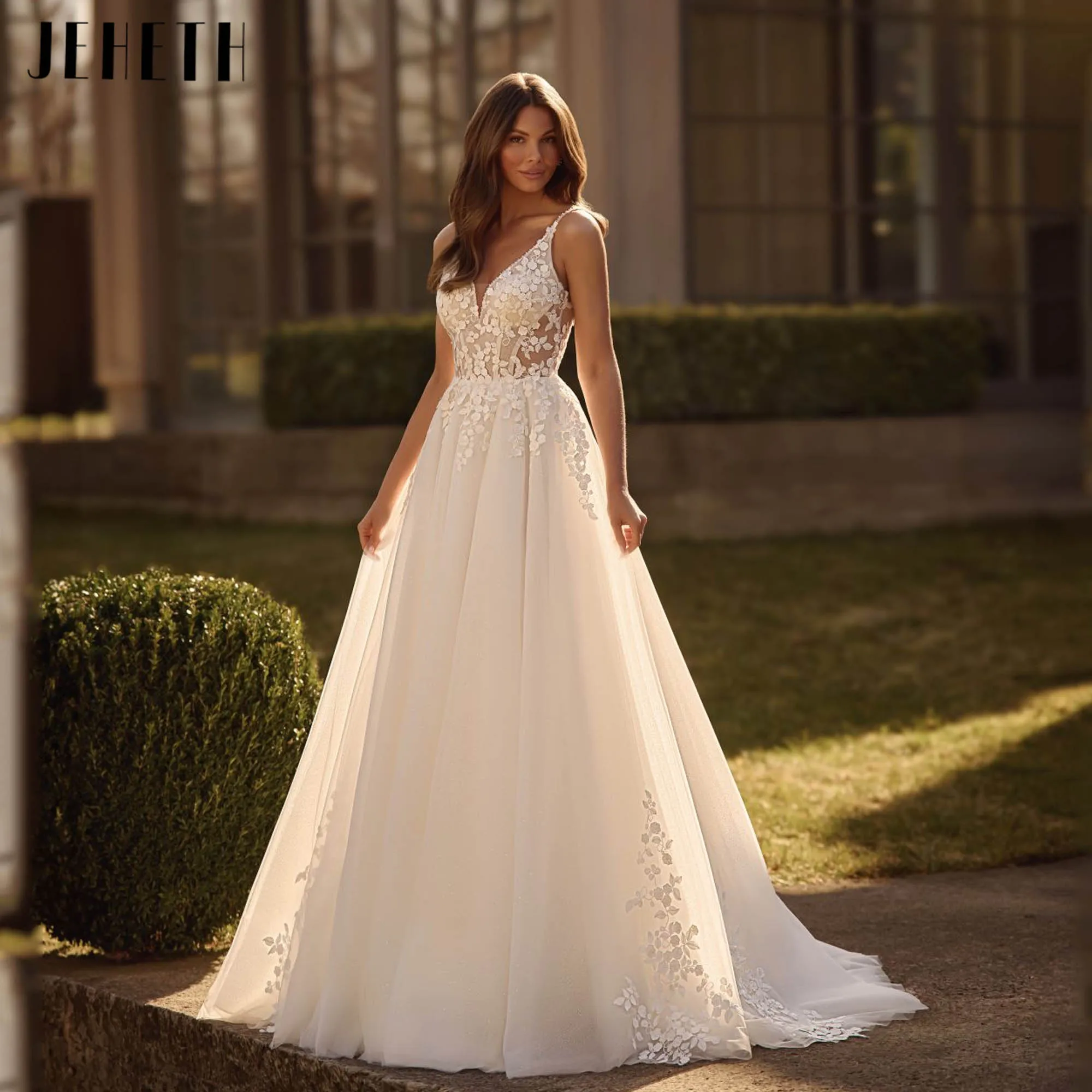 JEHETH الرعوية يزين فستان الزفاف الخامس الرقبة السباغيتي الأشرطة زي العرائس الحديثة ألف خط عارية الذراعين vestidos de novia مخصص