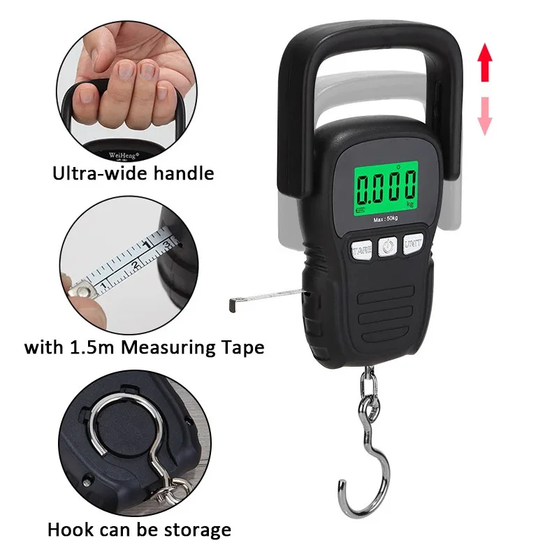 50kg Mini LCD Digital Scale with Tape Measure Backlit Electronic Weighing Hanging Hook Scale Portable Luggage Weighing Tool