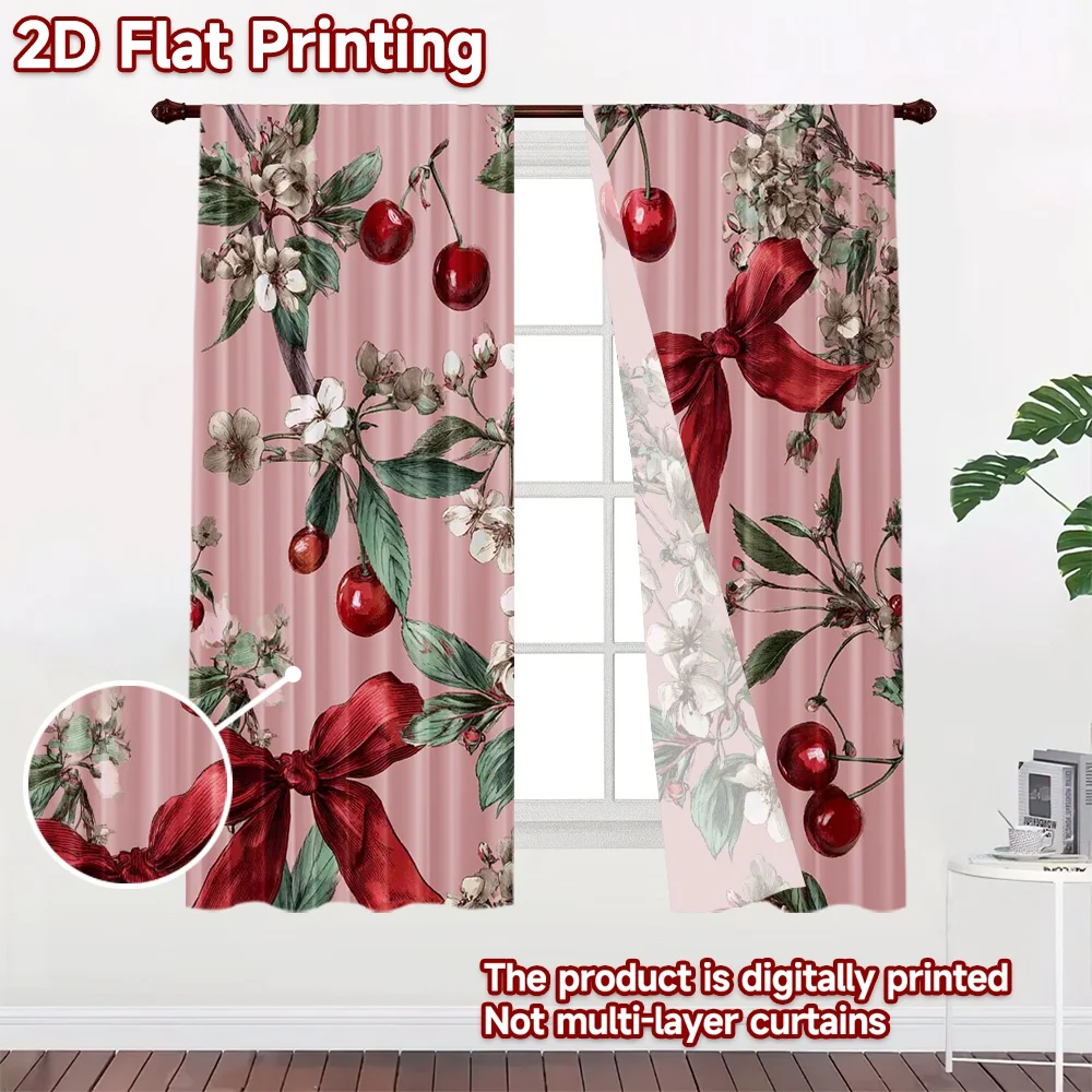 2D flat 2pcs Curtain Modern Minimalist Style Curtains Cherry Blossoms Bows Digitally printed polyester, colorfast Holiday